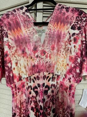 ONE WORLD Pink Multi-Print V-Neck Maxi Dress with Rhinestones